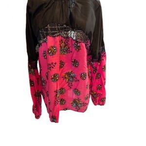 RED Valentino Pink and Black Floral Silk Blouse
